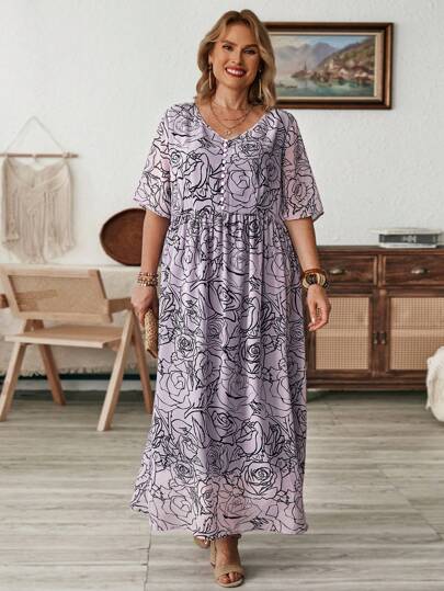 EMERY ROSE Vestido floral de verano de manga corta para maestras de talla grande con cuello en V