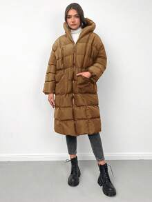 EURMUSE 女式連帽加厚外套,雙口袋和束繩設計 - 棕色 - 查看 5