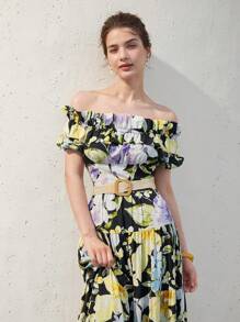 MOTF PREMIUM FLORAL PRINT OFF SHOULDER RUFFLE TRIM TIERED HEM DRESS