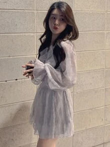 DAZY Women's Floral Ruffle Edge V-Neck Dress,Fall Dress Long Sleeve Dress