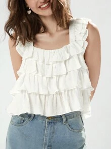 Enchnt Ladies Solid Color Tiered Layer Sleeveless Summer Blouse - White - View 6