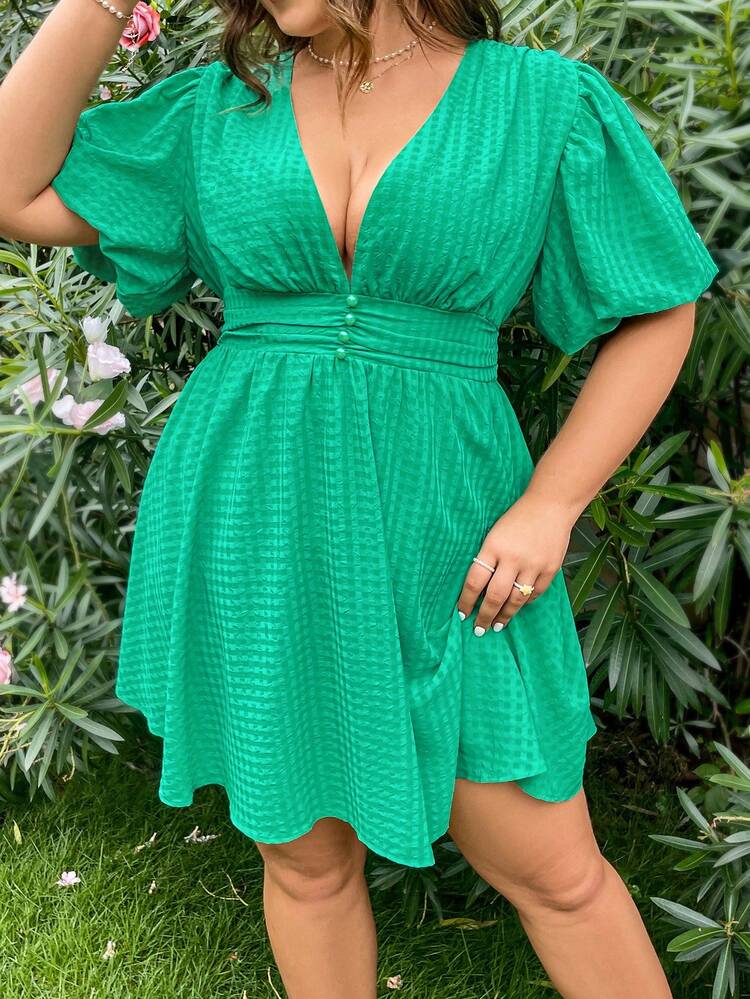 Vacation Texture Fabric V-Neck Short Sleeve A-Line Dress