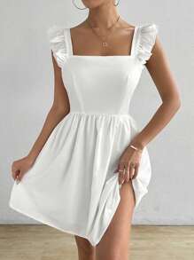 Rafferiza Vestido blanco de verano con escote cuadrado descubierto en la espalda y diseño acampanado corto - Blanco - Ver 4