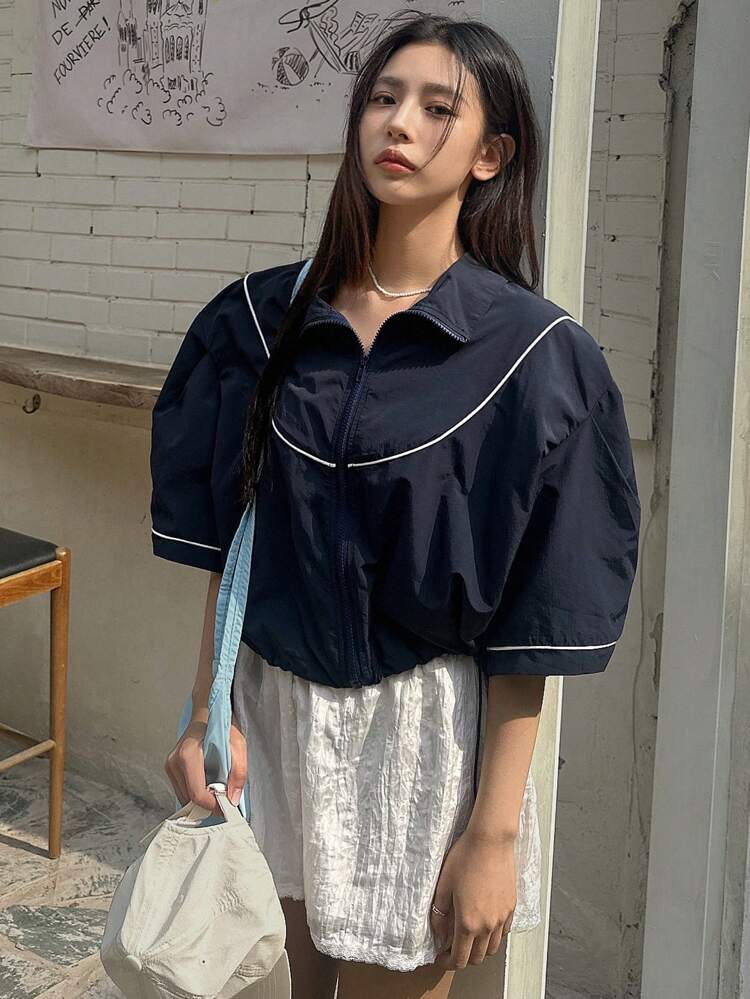 Women's Casual Color Block Zip-Up Short Sleeve Jacket With Rolled Edge