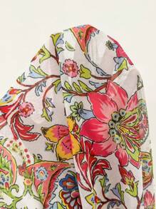 SHEIN Swim Deep V-Neck Tie-Front Bell Sleeve Printed Cardigan For Vacation Summer - Multicolor - View 5