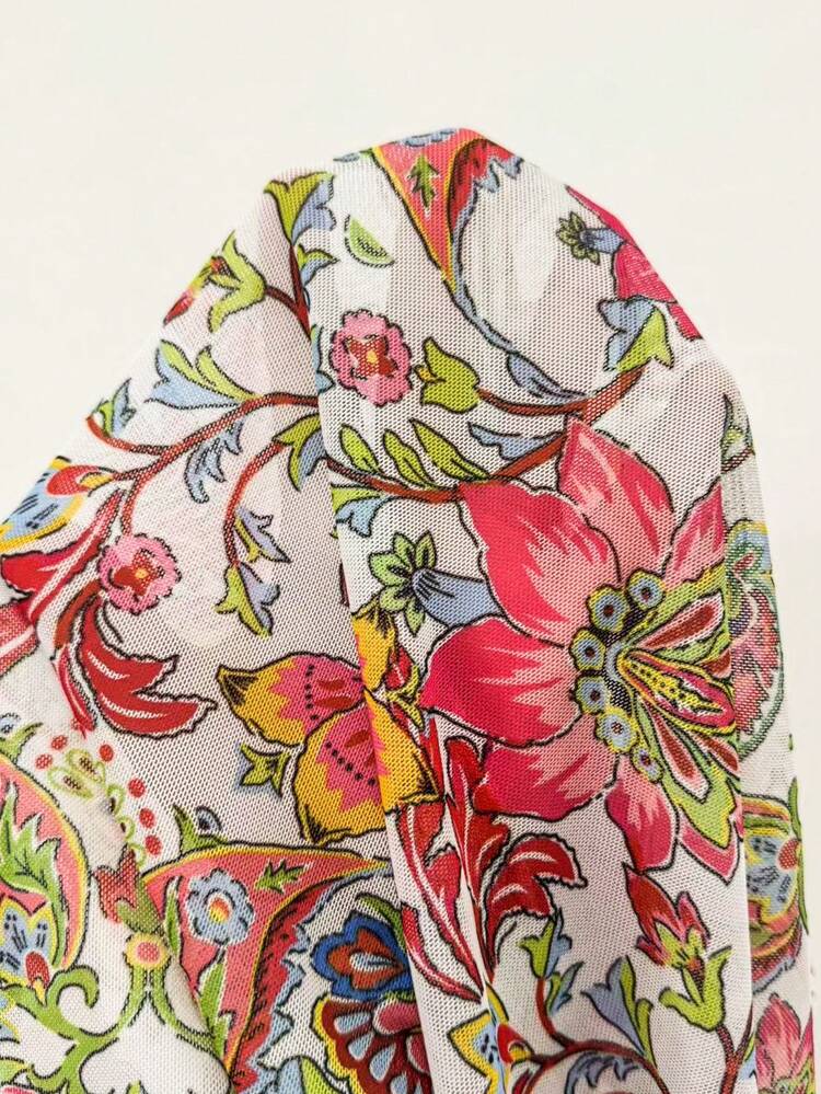 Deep V-Neck Tie-Front Bell Sleeve Printed Cardigan For Vacation Summer