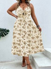 Breezaya Plus Size Women's Random Printed Simple Daily Dress - Apricot - View 1