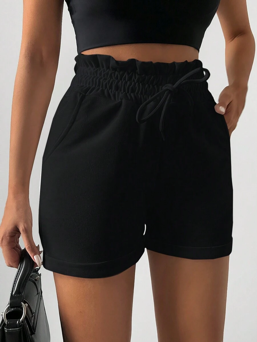 RueChic Solid Color Paper Bag Waist Casual Shorts With Pockets, Summer - Black - View 1