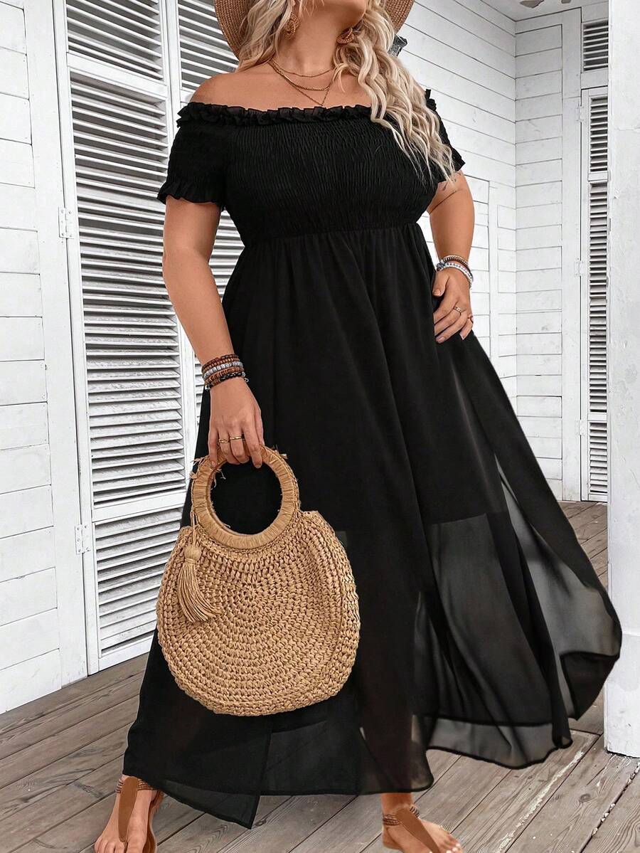 SHEIN CURVE+ Robe en mousseline de soie à patchwork grande taille - Noir - Voir 1