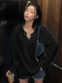 DAZY Women's Spring/Summer Loose Fit Button Half-Placket Drop Shoulder Long Sleeve Solid Color T-Shirt,Fall Clothes Preppy Tops - Black - View 1