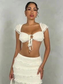 SHEIN BAE Áo crop top họa tiết màu trơn cho nữ với đường viền cổ ngọt ngào và chi tiết thắt nút, kết hợp với váy xẻ đùi cao cho trang phục kỳ nghỉ hè gợi cảm - Màu be - Xem 5