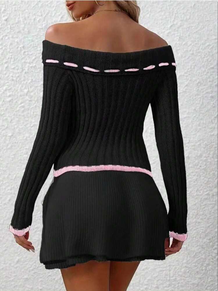 Women's Bow Knot Decorated Off Shoulder Long Sleeve Sweater And Knitted Skirt Set Fall Cloth For Women