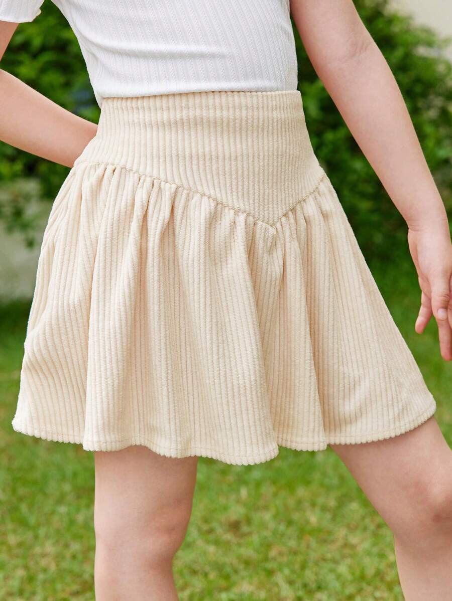 SHEIN 年輕女孩純色灰綠色的粗緞布休閒a字迷你裙 - 米色 - 查看 1
