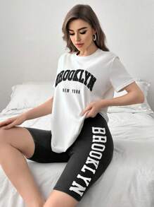 宽松字母印花T恤和修身短裤家居服套装 - 黑色 - 查看 4