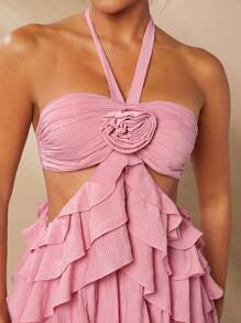 L'Amorae Vestido elegante con corte y volantes en forma de rosa 3D en el cuello halter