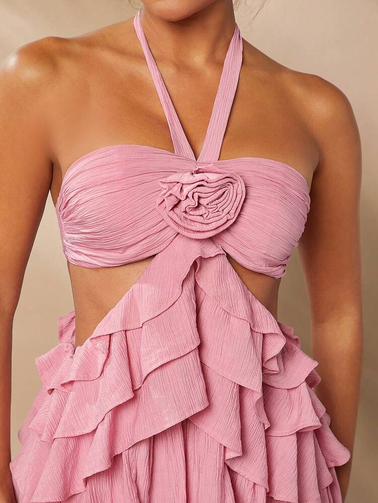 3D Rosette Ruffle Cut Out Halter Elegant Dress