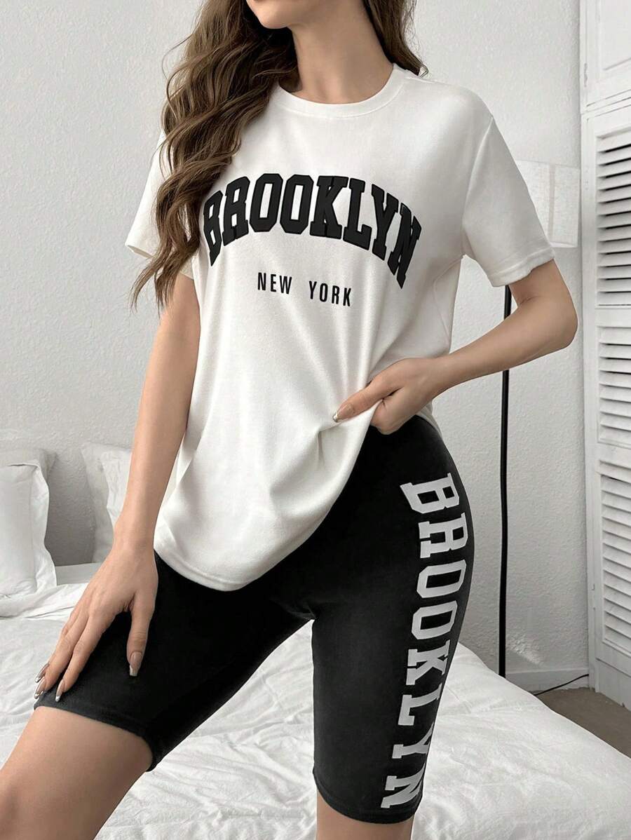 宽松字母印花T恤和修身短裤家居服套装 - 黑色 - 查看 1