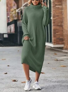 EURMUSE Women's Turtleneck Raglan Sleeve Sweater Dress - Green - View 5