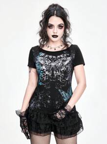 ROMWE Goth 性感街頭龐克哥德字母蝴蝶玫瑰藤花翅膀修身針織彈力女T恤