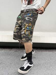 Manfinity Roghcode Short bermuda en jean déchiré de travail camouflé pour hommes avec poches, décontracté - Vert - Voir 6