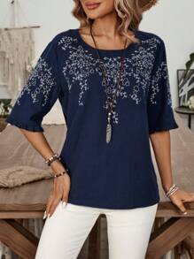 EMERY ROSE Linen Embroidered Women's Casual Round Neck Summer Top Shirt