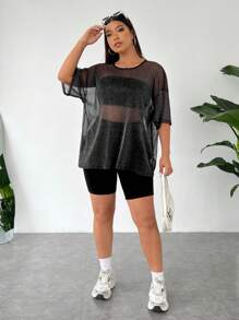 SHEIN EZwear 3入組女裝大尺碼閃亮透視柔軟舒適面料圓領休閒長T恤，純色無肩帶短上衣和騎車短褲，夏季日常休閒穿搭的完美選擇 - 黑色 - 查看 4