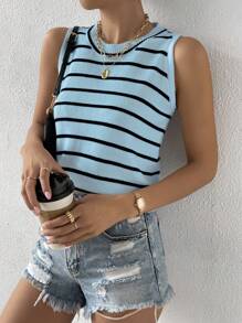 Chiquease Summer Casual Striped Color Block Sleeveless Knitted Top