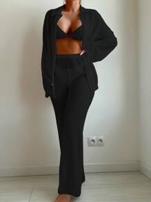 2pcs/Set Summer Beach Solid Color Long Sleeve Top And Long Pants Cover-Up Set - Black - View 6
