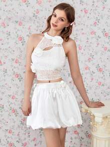 Chiquease Sweet And Pure Lace 3D Flower Asymmetrical Design Waist-Cut Ruffled Top With Detachable Satin Bud Belt And 3D Flower Mini Skirt Set - White - View 1