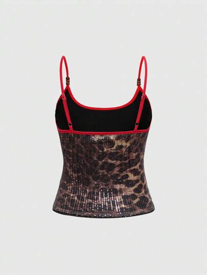 Grunge Punk Top de camiseta de mujer con ajuste ceñido, decoración con bordado de araña, estampado de leopardo y lentejuelas, Y2K sexy, para festival rave, escuela