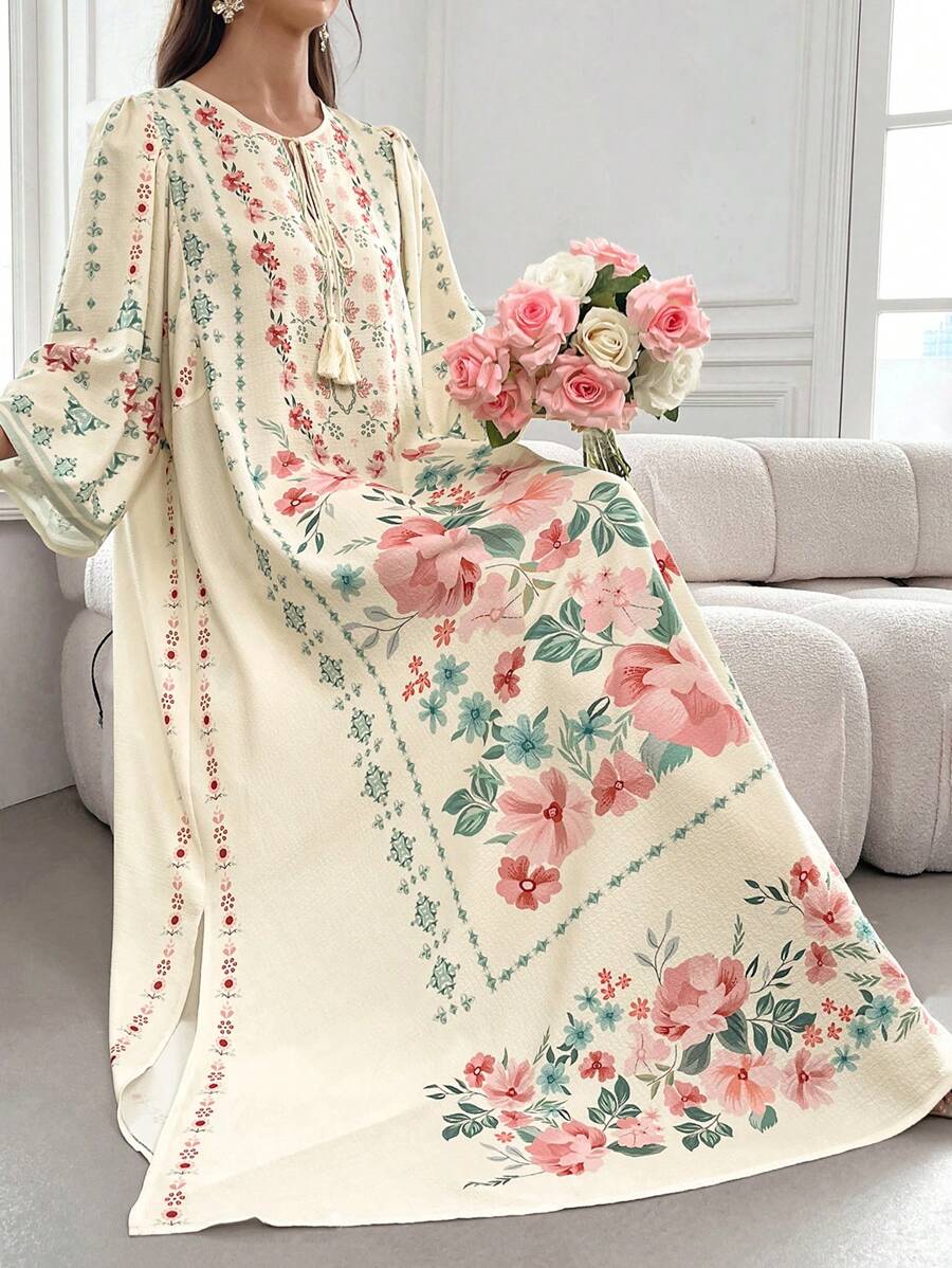 Yasmyna 女式长款花卉蔓藤花纹连衣裙,配有流苏系带领口和喇叭袖,朴素全长长袍,休闲长袖连衣裙 - 黃色 - 查看 1