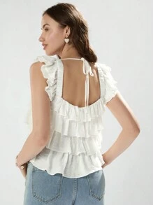 Enchnt Ladies Solid Color Tiered Layer Sleeveless Summer Blouse - White - View 2