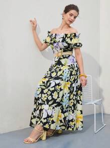 MOTF PREMIUM FLORAL PRINT OFF SHOULDER RUFFLE TRIM TIERED HEM DRESS