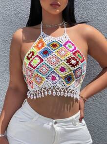 Flirla Plus Size Summer Holiday Crochet Fringe Hem Halterneck Knitted Top - Multicolor - View 3
