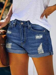 Summer Casual Distressed Elastic Cuffed Denim Shorts - Dark Wash - View 4