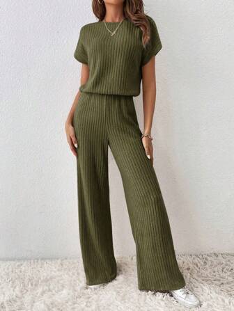 SHEIN Essnce Casual Solid Color Rib Knit Batwing Sleeve Cinched Waist Jumpsuit For Spring And Summer