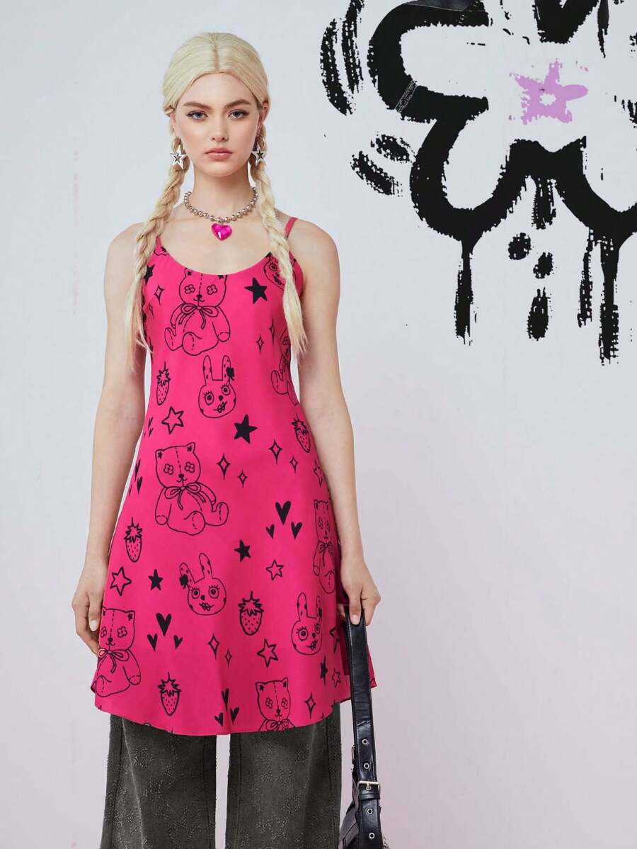 SHEINNeu Women's Y2K Cartoon Printed Spaghetti Strap Dress, Summer - Pink - View 1