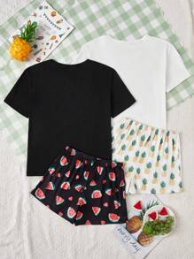 Teen Girl Simple Black Cat Print Short Set, Crew Neck Short Sleeve Casual Home Clothes - Multicolor - View 2