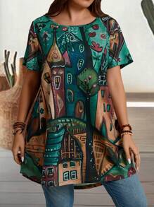 EMERY ROSE Plus Size Women's Summer Countryside Castle Printed Round Neck Short Sleeve Casual T-Shirt, Summer