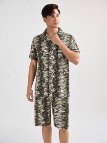 男士隨機印花短袖和短褲家居服套裝 - 棕色 - 查看 4
