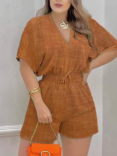 EMERY ROSE 竹編牛仔藍色蝙蝠袖V領束腰連身褲