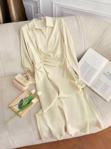 Modelyn 女士衬衫领单排扣百褶休闲长袖连衣裙长款晚礼服 - 杏色 - 查看 8