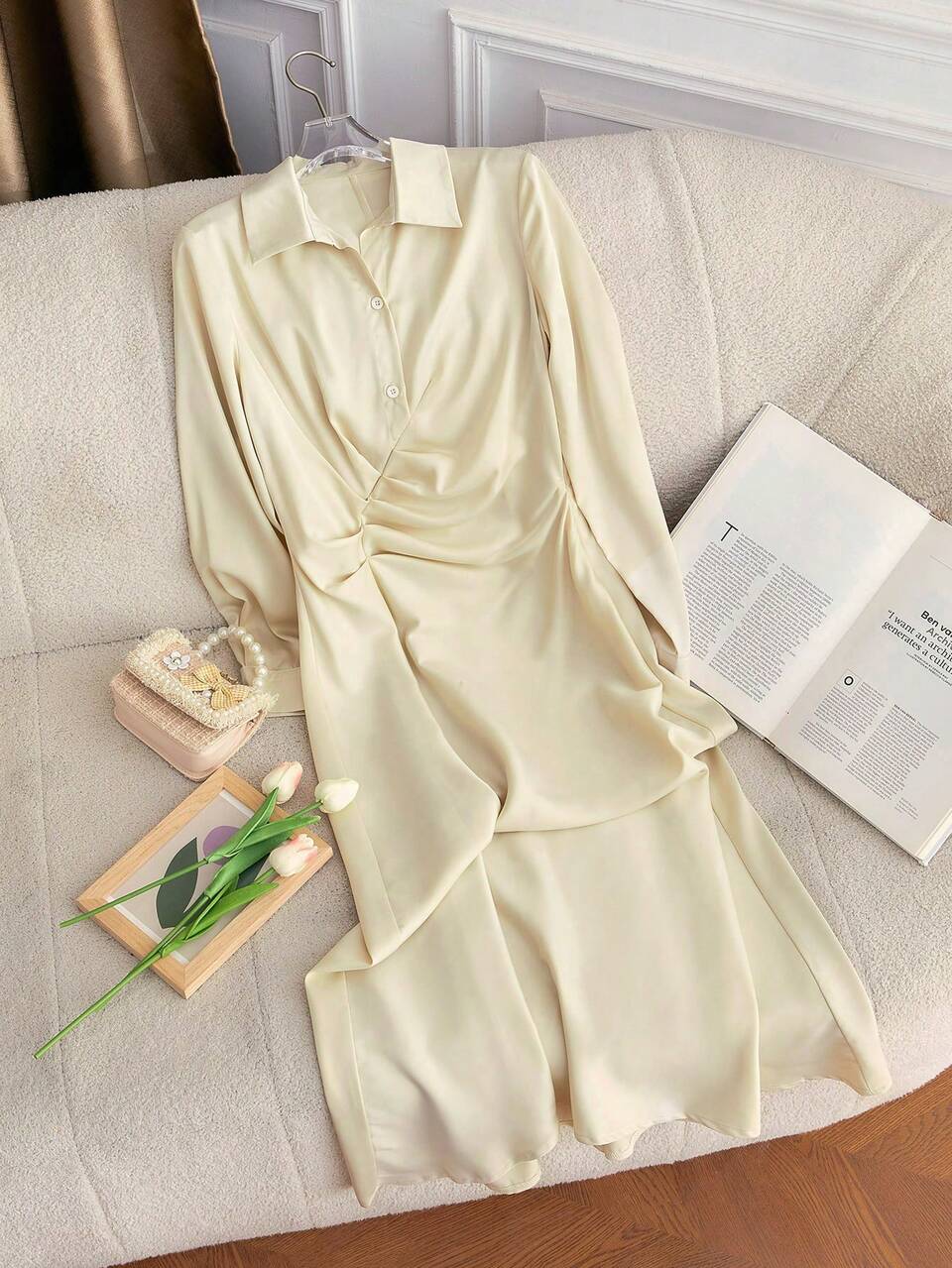 Ladies' Shirt Collar Single-Breasted Pleated Casual Long Sleeve Dress Long Evening Dresses Fall Cloth For Women