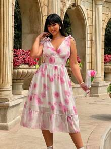 Sunnyshic Plus Size Women's Summer Vacation Shoulder Strap Floral Printed Ruffle Hem Sleeveless Elegant Dress
