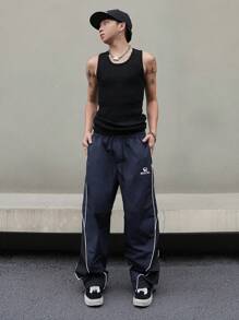 Manfinity Campus Court Men's Casual Color Block Patchwork Drawstring Straight Pants, Going Out Long Colorblock Blue Straight Leg Sweatpants, For Fall - Navy Blue - View 6