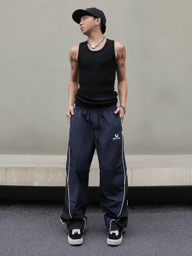 Manfinity Campus Court 男士休闲拼色抽绳直筒裤，外出长款拼色蓝色直筒运动裤，适合秋季 - 藏蓝色 - 查看 6