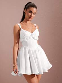 SHEIN BAE Mùa Hè Gợi Cảm Mùa Tốt Nghiệp Nữ V Sâu Cúp Ren Lá Sen Ngọt Phồng Công Chúa Mini Màu Hồng - trắng - Xem 3