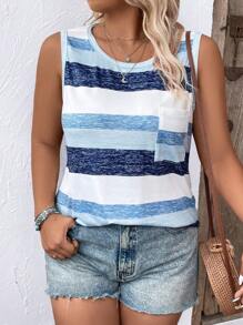 SHEIN LUNE Plus Size Women Striped Print Round Neck Sleeveless Loose Knit Tank Top, Women Summer Top