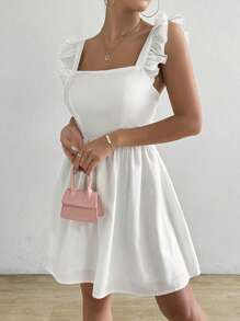 Rafferiza Vestido blanco de verano con escote cuadrado descubierto en la espalda y diseño acampanado corto - Blanco - Ver 3
