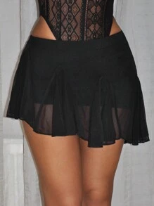 SHEIN ICON Summer Low Waist Asymmetrical Skirt With Ruffled Hemline And Mesh Fabric - Black - View 1